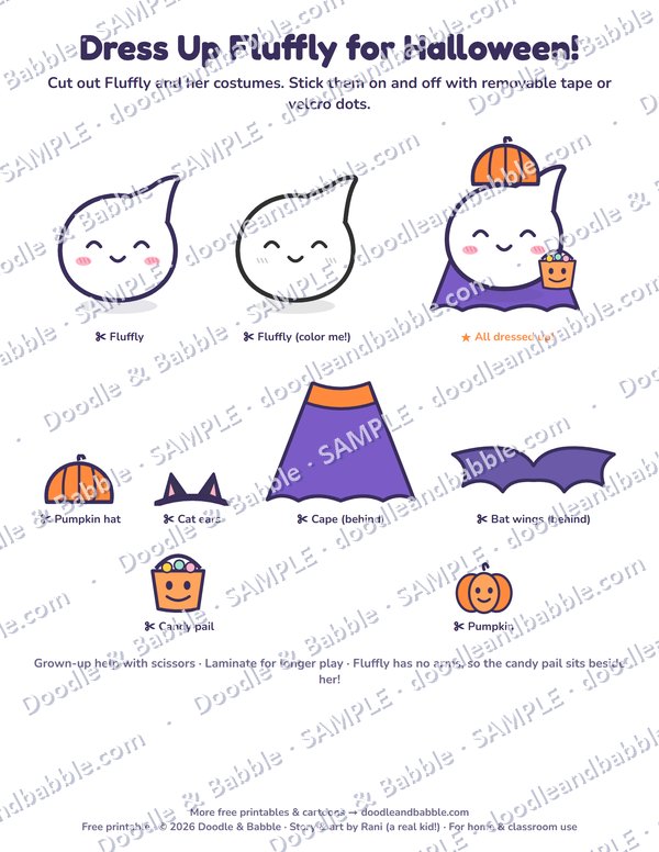 Cut-out page: Fluffly with a pumpkin hat, cat ears, cape, bat wings, candy pail and a pumpkin